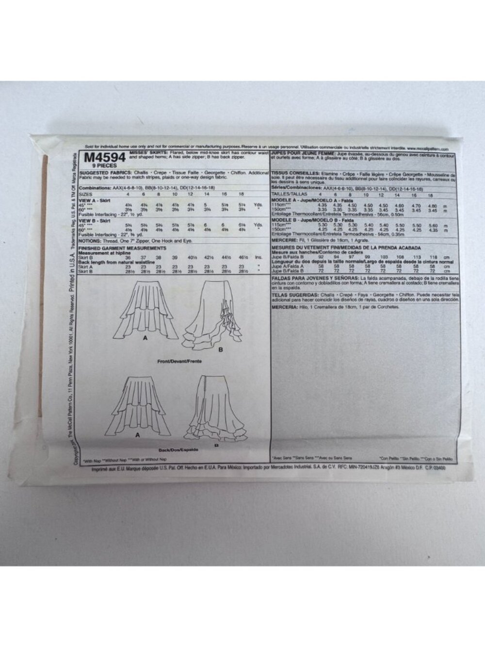 McCalls Sewing Pattern M4594 Y2K Flowy Skirt Ruffle Hem Boho Chic 4-10 Uncut - Picture 11 of 12